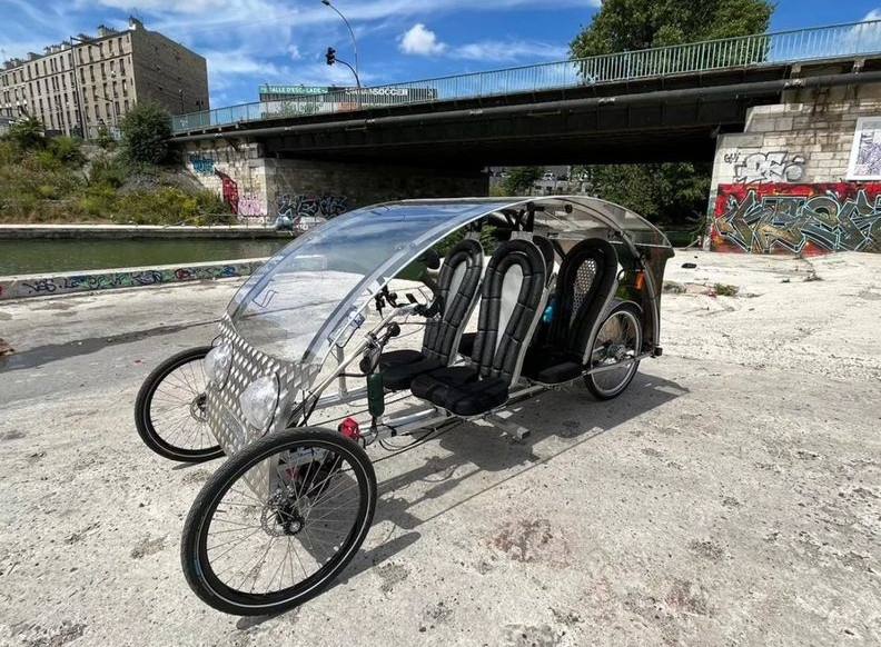 Cyclospace quad sociable tandem with rear passenger seats - 4 seater with transparent roof and optional solar panels - french handmade modern velocar
